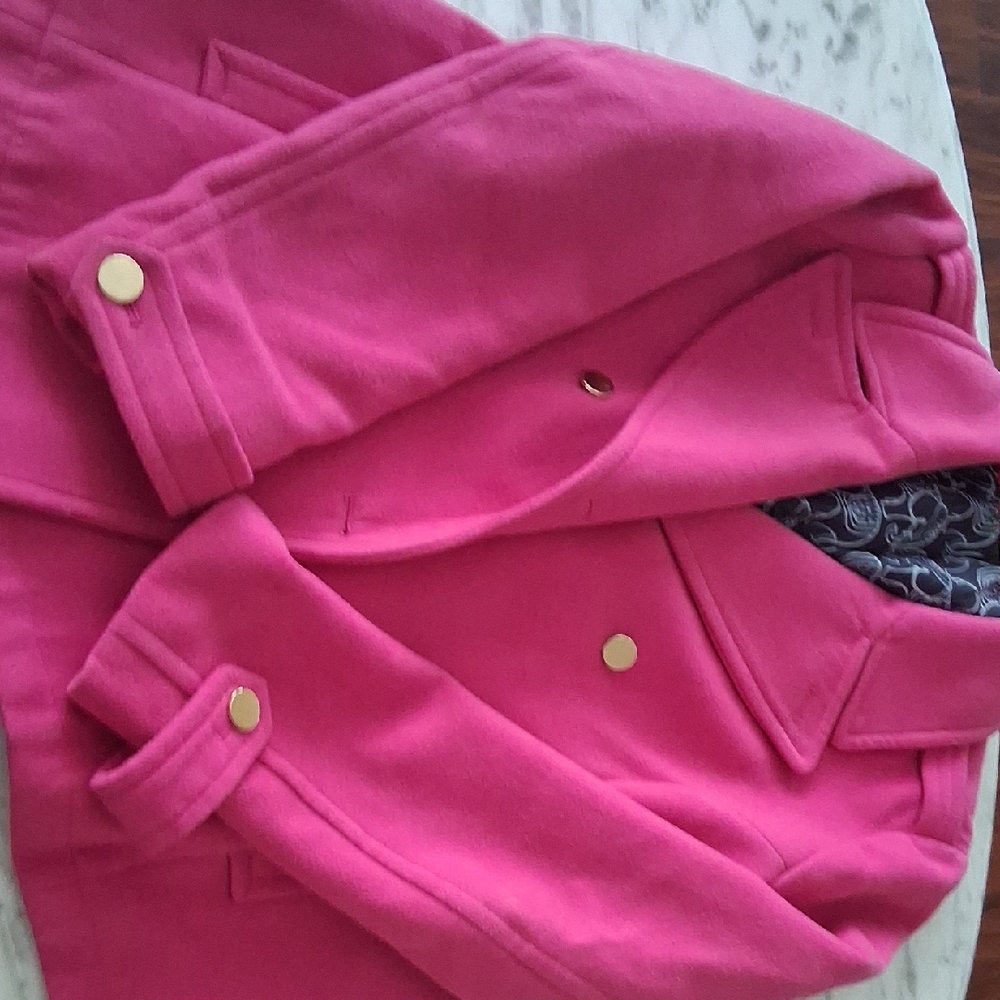 Crown & Ivy Vibrant Pink Pea Coat with Gold Accents.  Size M.  Length 24".